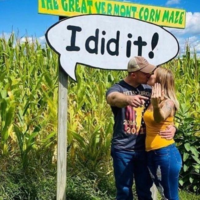 Great Vermont Corn Maze - Newly Engaged Couple Kisses