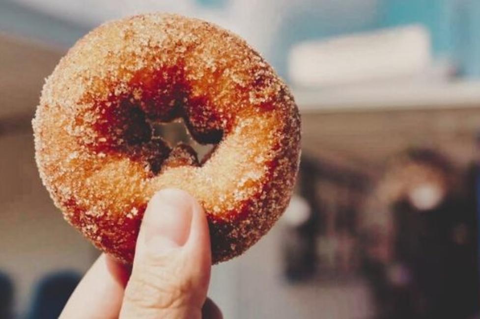 Apple cider donut A person's hand holds an apple cider donut
