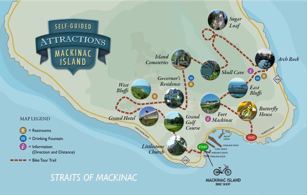 Mackinac Island Bike Shop map of attractions to see on a self-guided bicycle tour of Mackinac Island