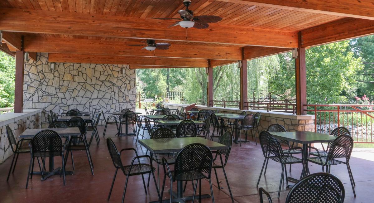 The POET Gazebo at Sedgwick County Zoo is set for guests with tables and chairs