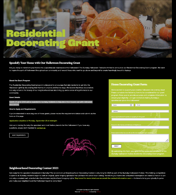 A screenshot of the form residents can use to request a grant to help them decorate for Halloween