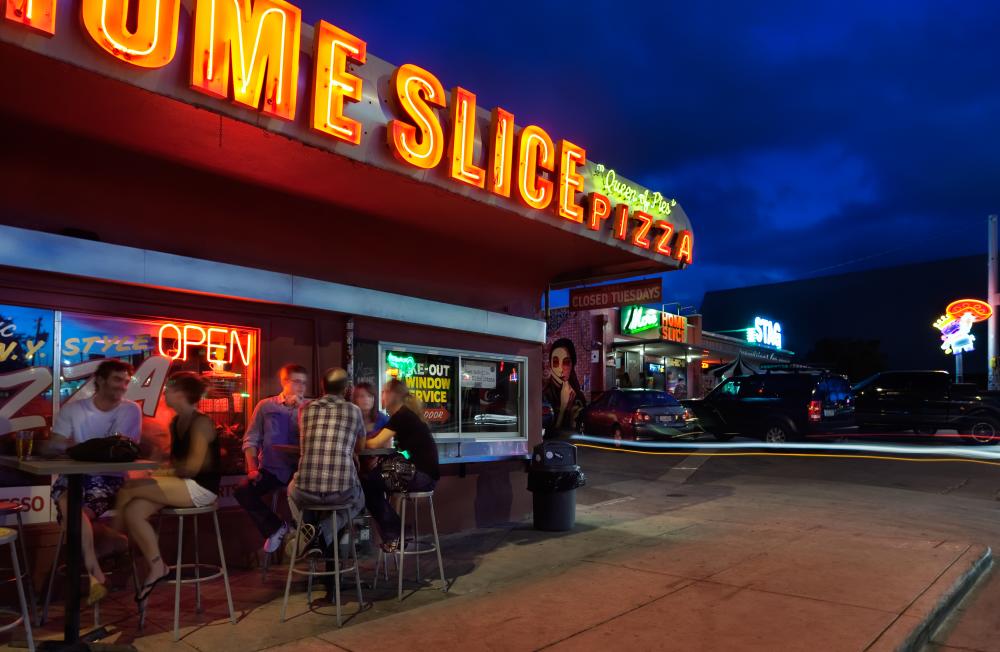 Home Slice Pizza at night on South Congress in austin texas