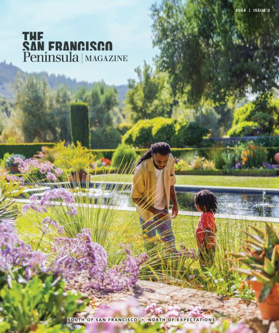 The San Francisco Peninsula Magazine 2026 Cover Image. A man and child exploring the Filoli Historic House and Gardens.