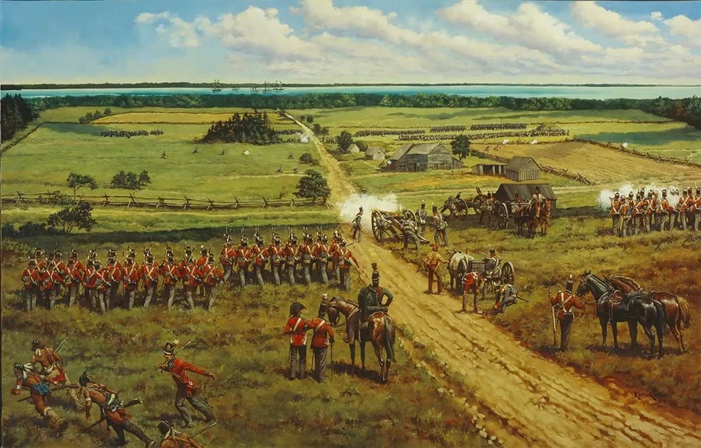 Keith Rocco illustration of the 1814 Battle of Mackinac Island with American forces advancing upon the British line of defense