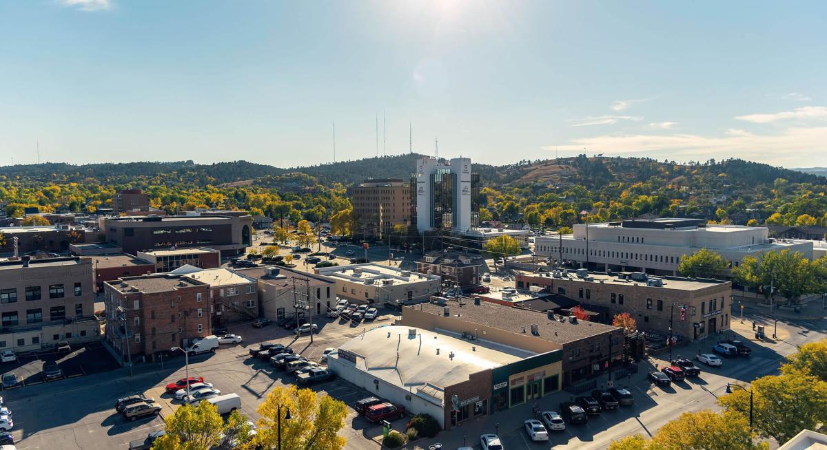 Aerial view of fall colors in downtown rapid city, sd