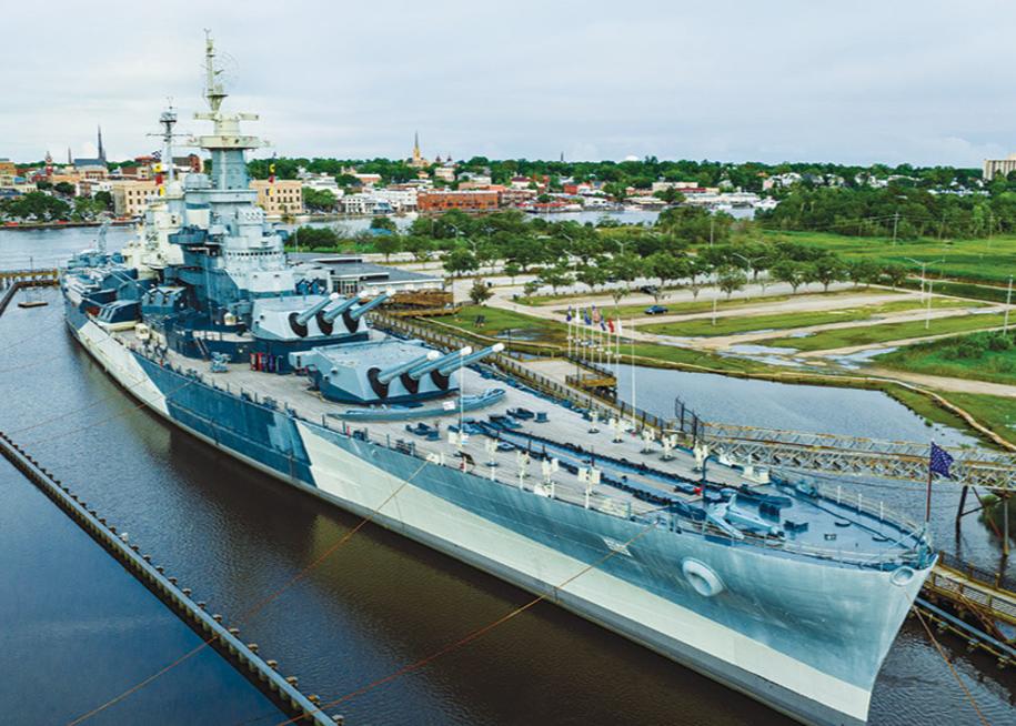 An aerial photo of the USS North Carolina battleship