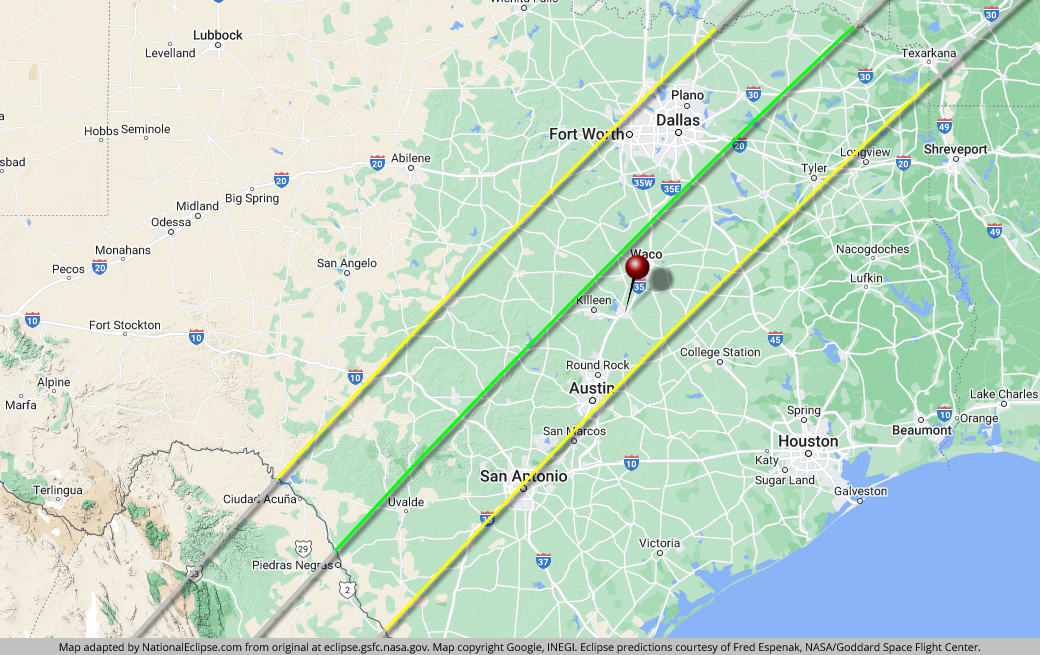 Texas Eclipse path through Texas