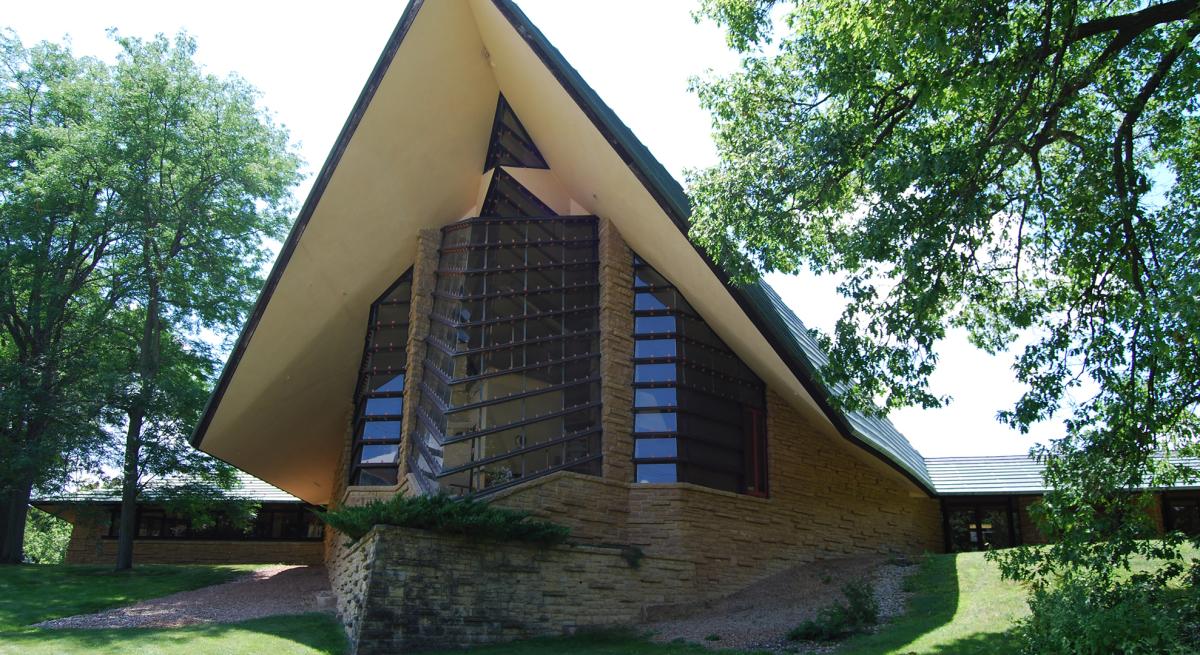 The front of Frank Lloyd Wright-designed First Unitarian Society
