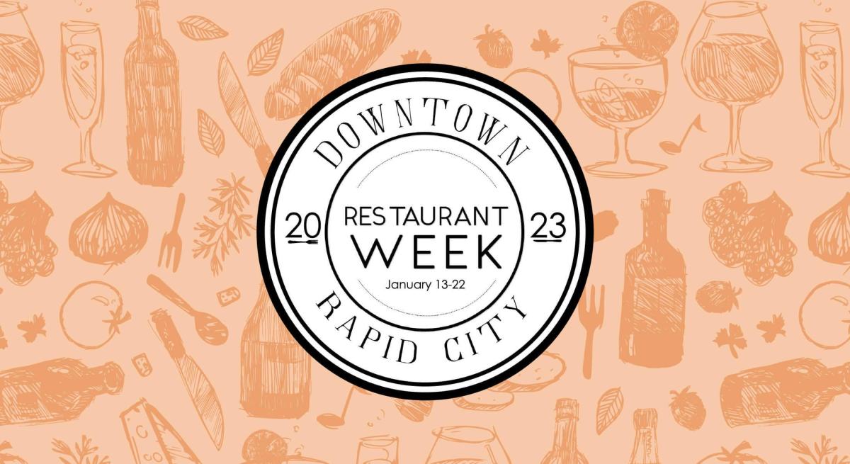 Downtown Rapid City Restaurant week logo on an orange food themed background