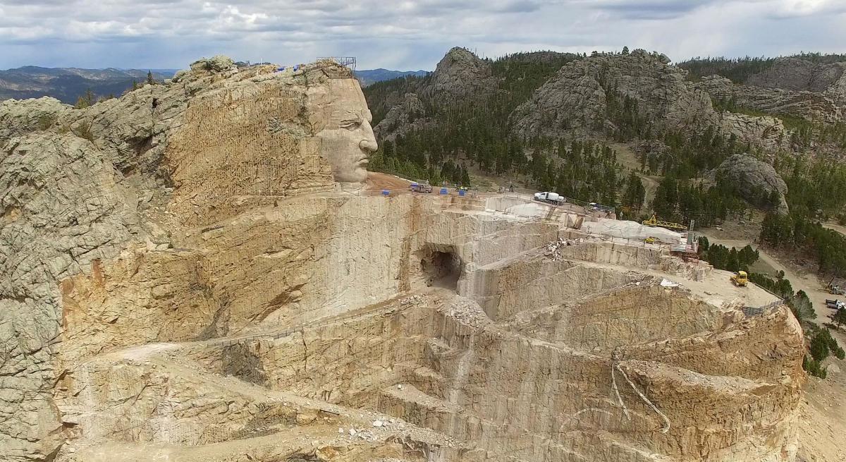 Aerial shot looking down on the carving of Crazy Horse Memorial