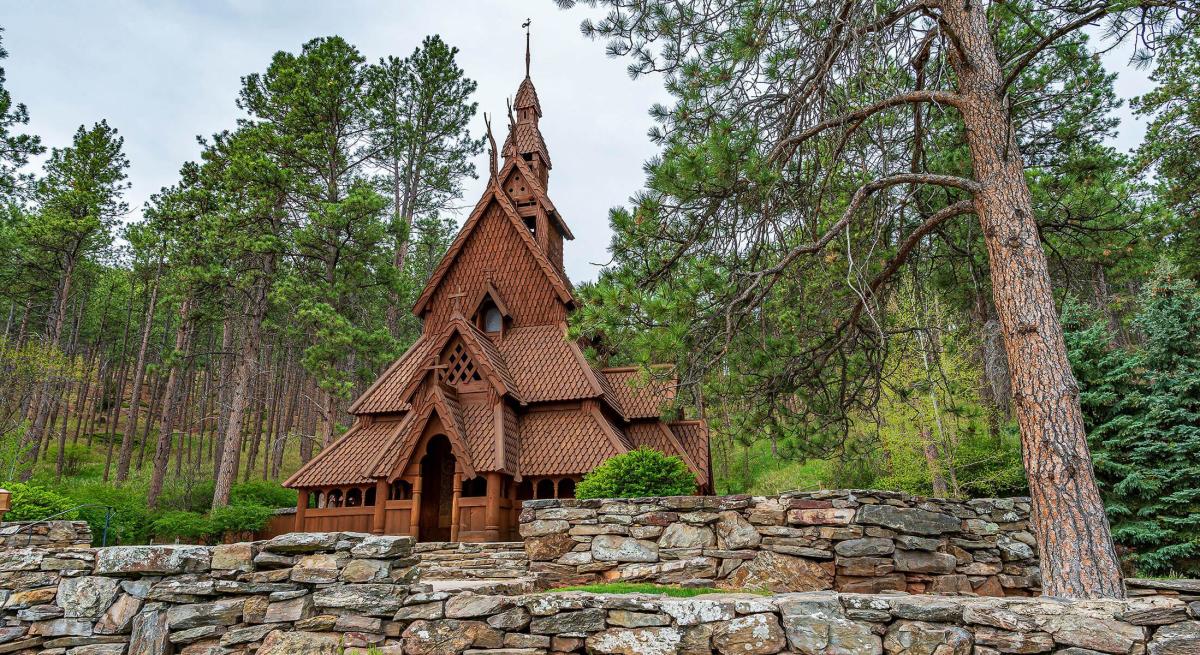 The exterior view of the wooden norwegian chapel of chapel in the hills in rapid city south dakota