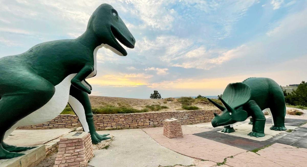 T-rex and Triceratops statues found at Dinosaur Park in Rapid City, SD