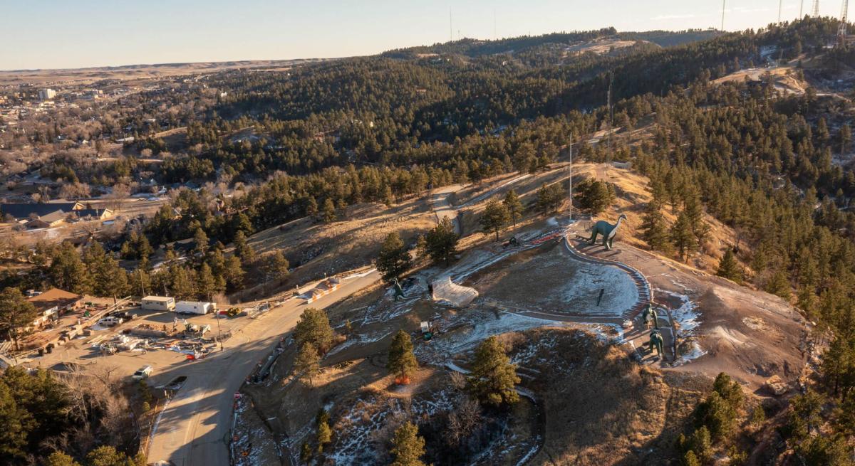 Drone shot of the beginning phases of dinosuar park enhancements in rapid city south dakota