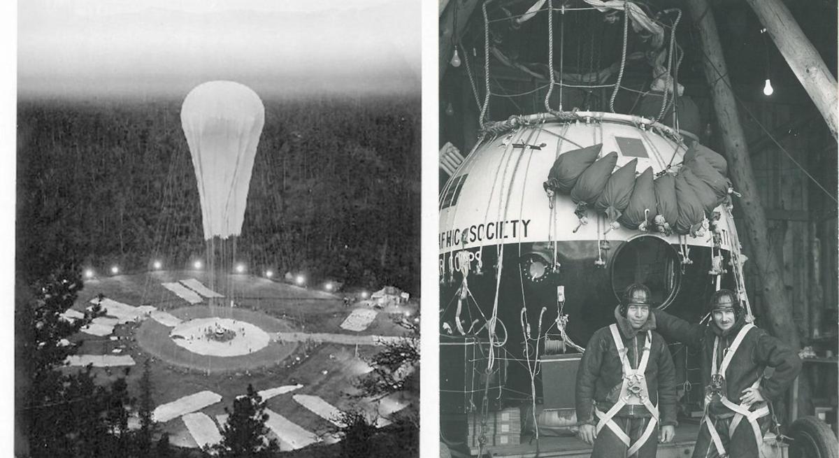 historic shots showing the balloon and crew members on the historic stratobowl balloon in Rapid City