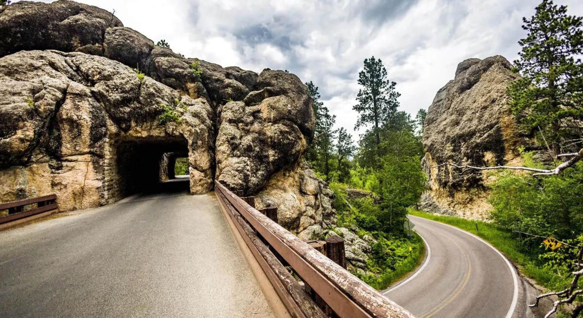 Mountain tunnels and bridge found on the scenic drive Iron Mountain Road in the Black Hills