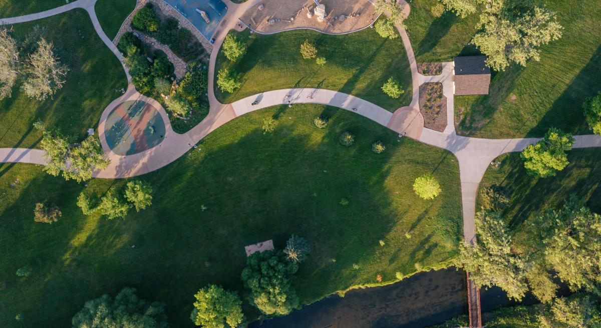 drone shot of the playground areas found in memorial park in rapid city south dakota