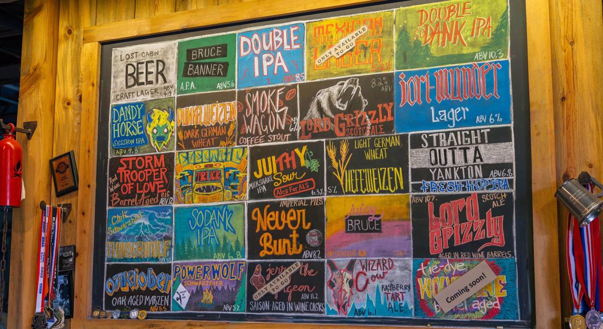 Chalk menu of beer options at local rapid city brewery Lost Cabin
