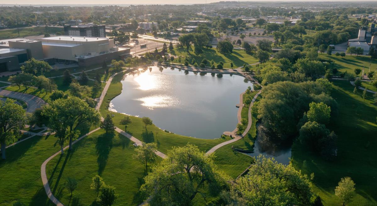 drone shot over memorial park showing the pathway that weave through this rapid city south dakota park