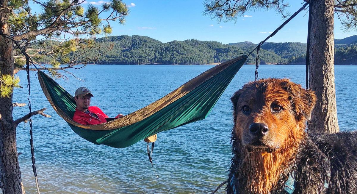 Man with dog relaxing in a hammock at Jenny Gulch at Pactola Lake