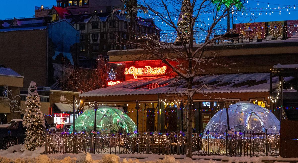 Night shot of the igloos on Que Pasa's patio in rapid city, south dakota