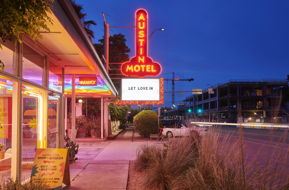 Austin Motel exterior and neon sign on South Congress Avenue in Austin Texas