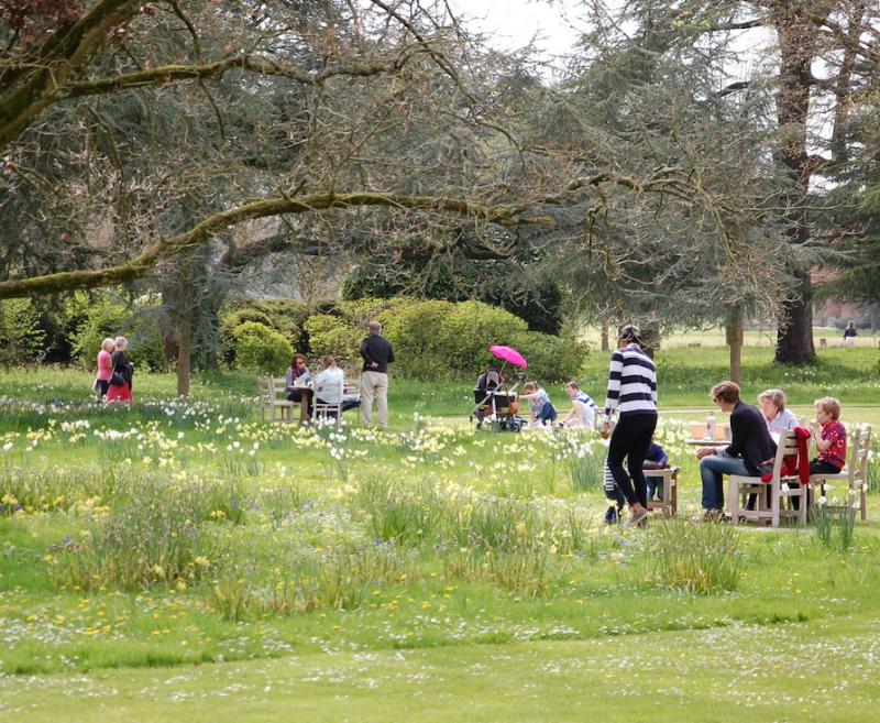 gardens with spring flowers and people sitting at tables