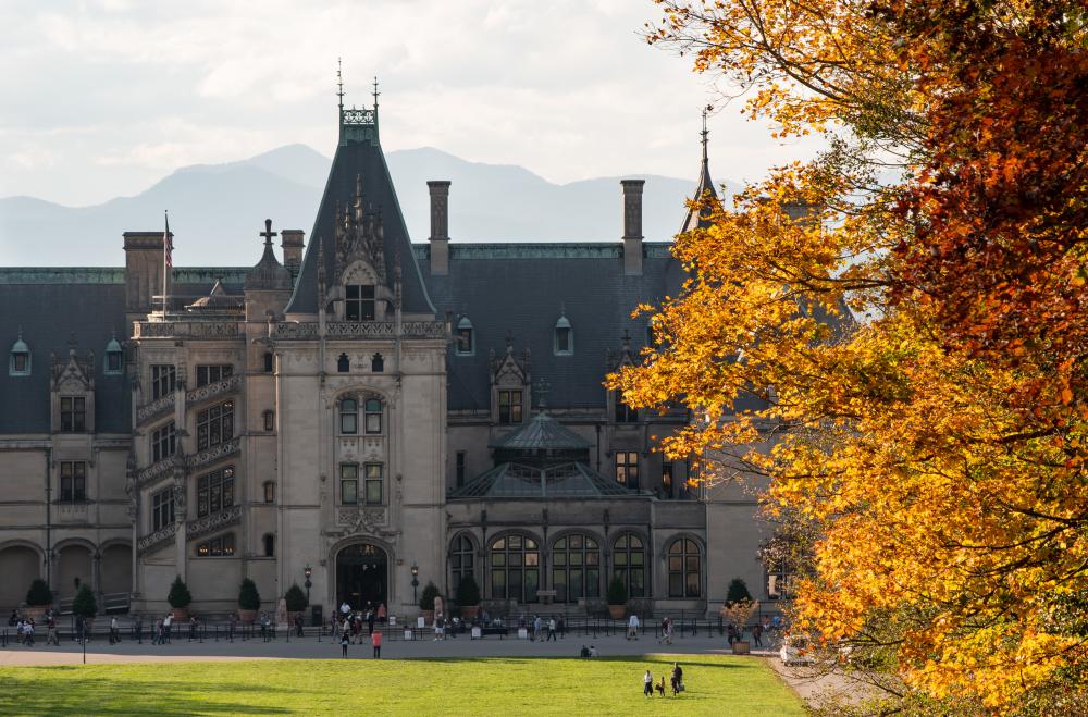 Fall color frames Biltmore in Asheville, NC in October 2020