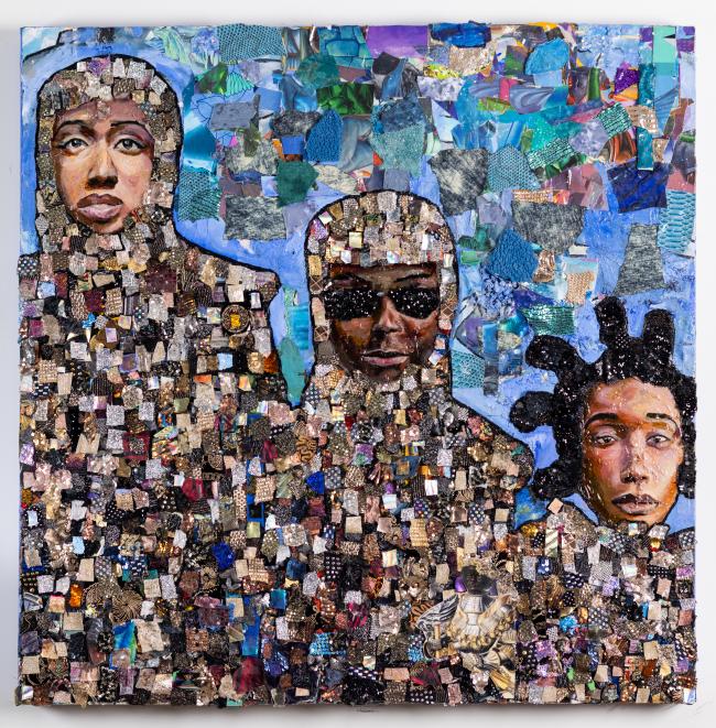 Artwork with black culture collage, blue and brown watercolors