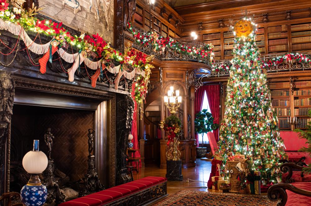 George Vanderbilt's Library at Biltmore Estate in Asheville, NC decorated for Christmas