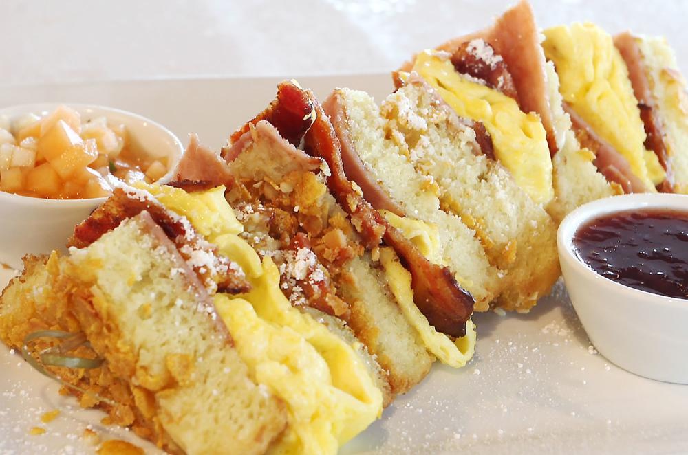 Smoked Turkey+Brie Monte Cristo: Shaved smoked turkey, creamy brie, house-made summer blueberry jam