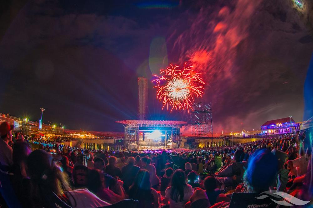 Nighttime concert with fireworks Germania Insurance Amphitheater at Circuit of The Americas in Austin Texas