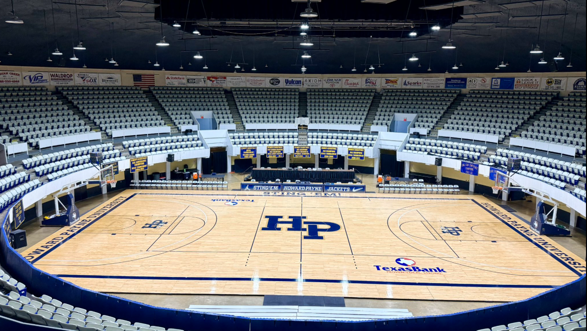 Photo of the Brownwood Coliseum from the stands looking down on the new Howard Payne University Court.