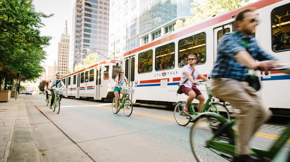 GREENbike Alongside Trax in downtown Salt Lake