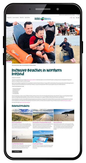 A screenshot of Tourism Northern Ireland's Inclusive Beaches webpage on a mobile device