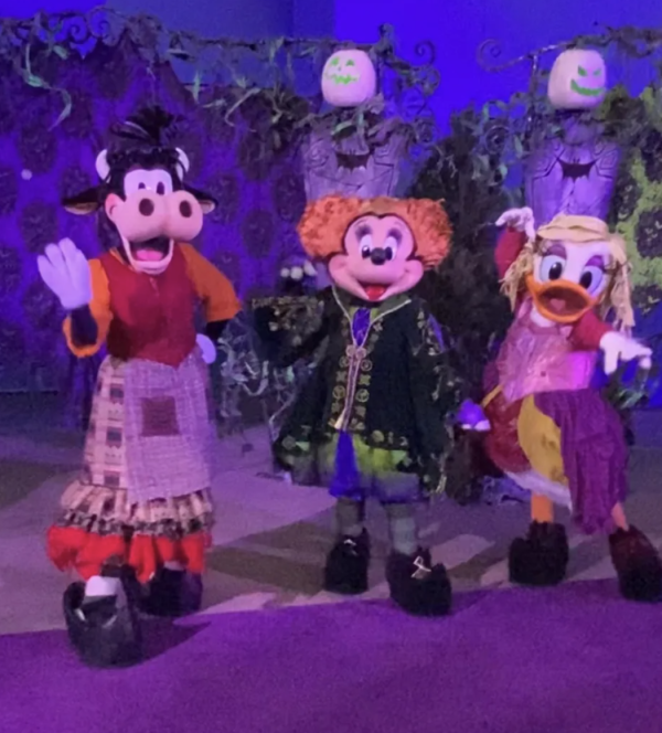 Image of Claribel, Minnie Mouse, and Daisy Duck dressed up as the Sanderson Sisters from Disney's Hocus Pocus.