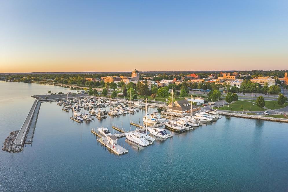 Aerial view of boats docked at Clinch Park Marina in Traverse City, MI