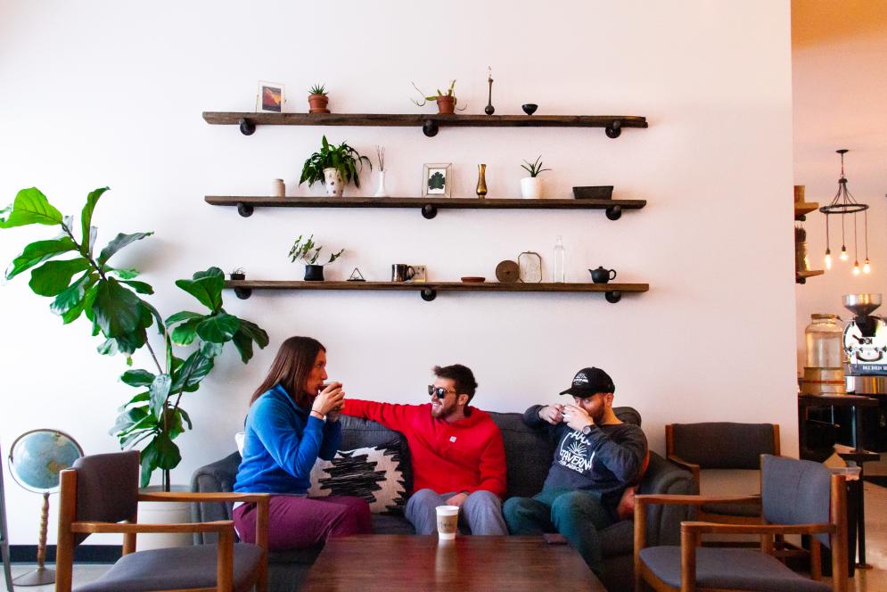 group drinking coffee in winter