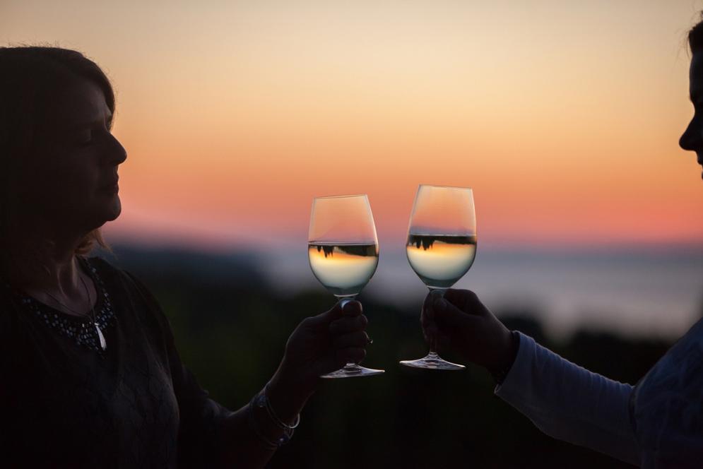 A couple toasts their wine glasses while enjoying a beautiful Michigan sunset