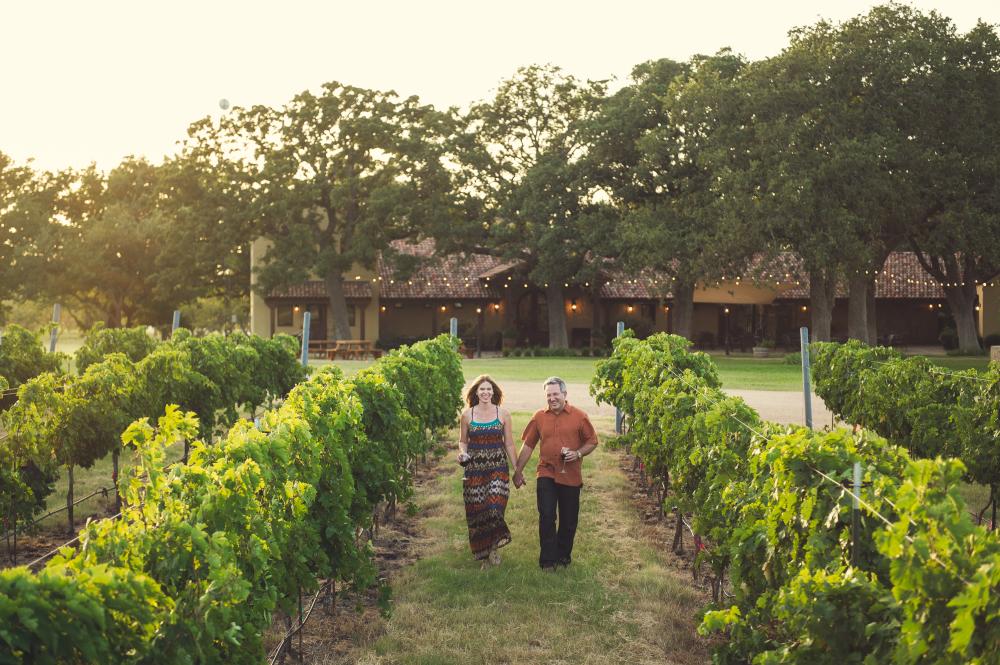 Couple walking in between rows of grapevines.