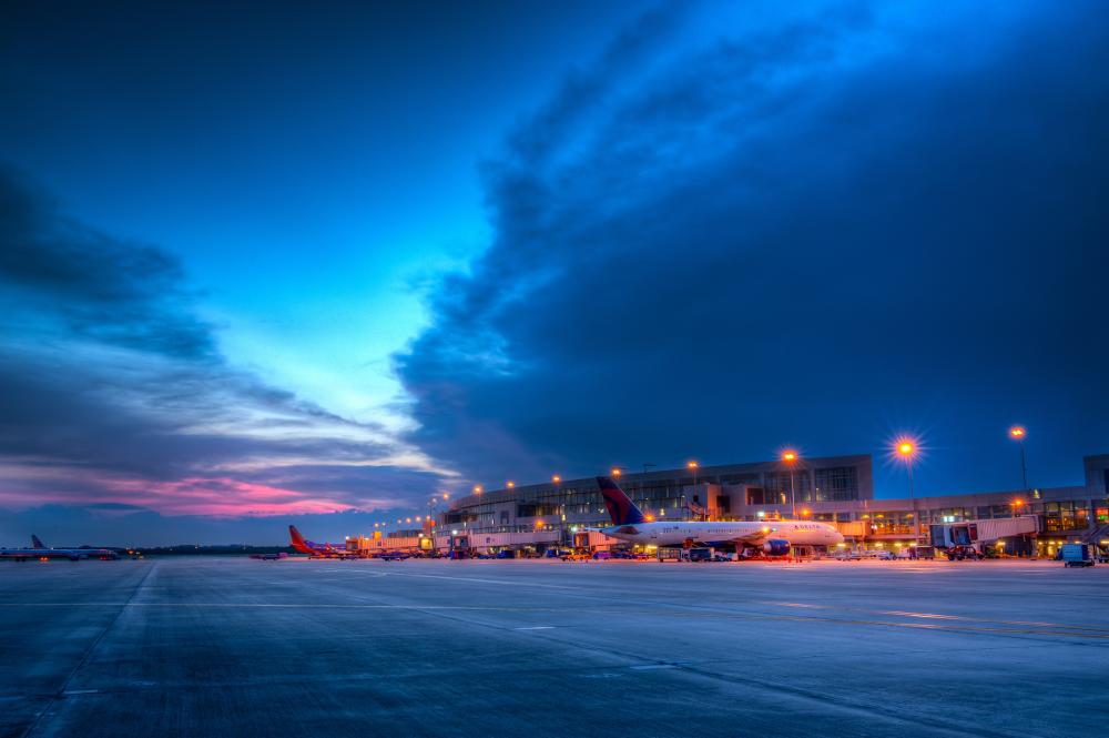 Austin Bergstrom International Airport airside terminal at twilight in Austin Texas