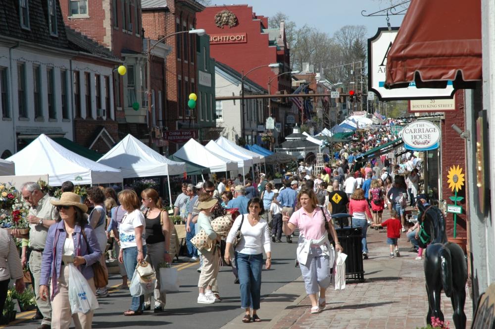 Crowds browsing vendor tents along King Street at the Leesburg Flower and Garden Festival in downtown Leesburg, Virginia