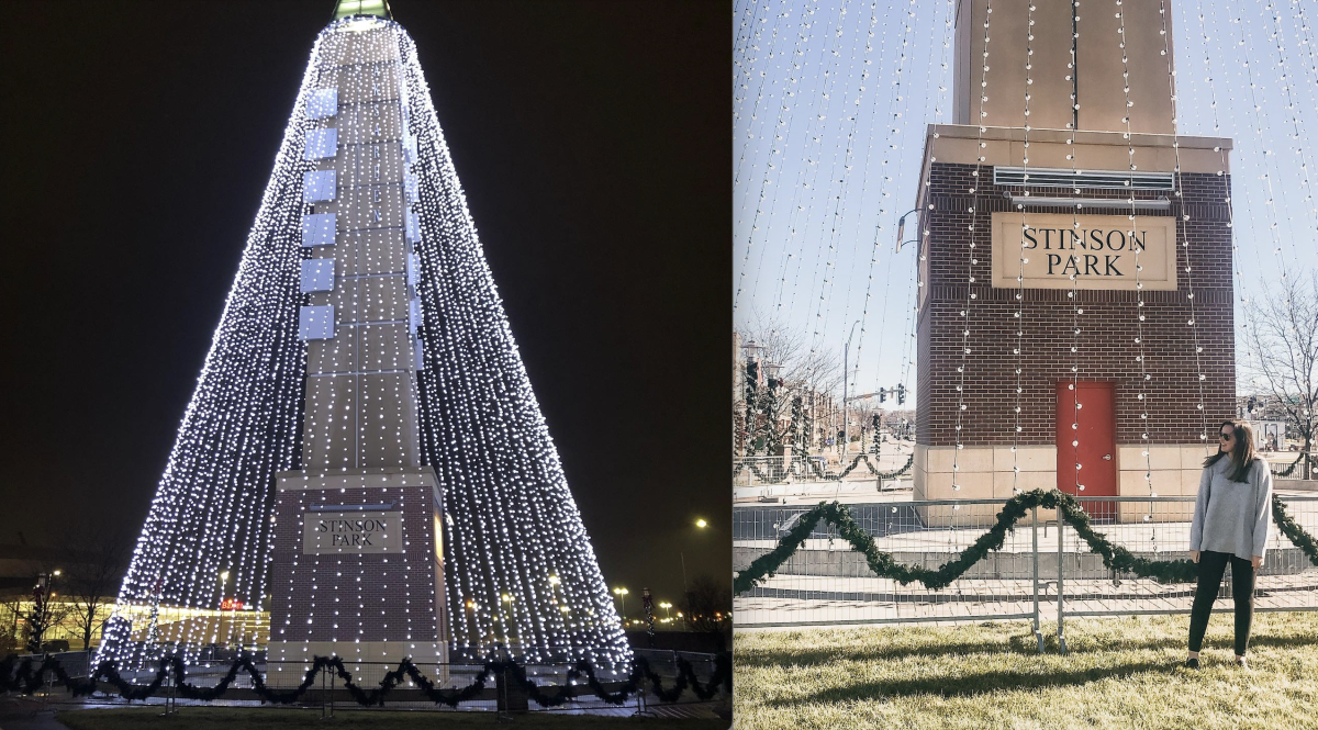 The enormous trees of lights at night and during the day at Aksarben Village in Omaha.