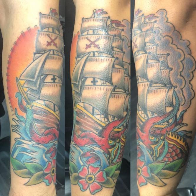 Octopus and Ship Traditional Tattoo by Kike Castillo TattooNOW