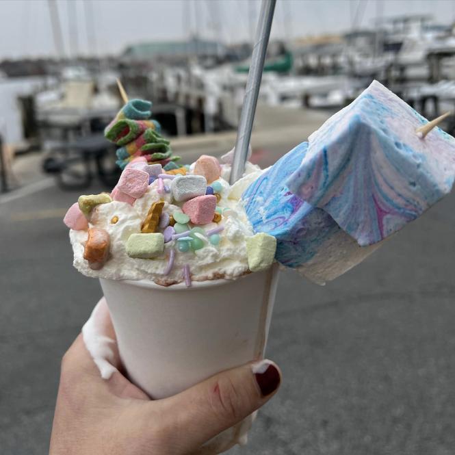 Hot cocoa with rainbow marshmallows and lucky charms