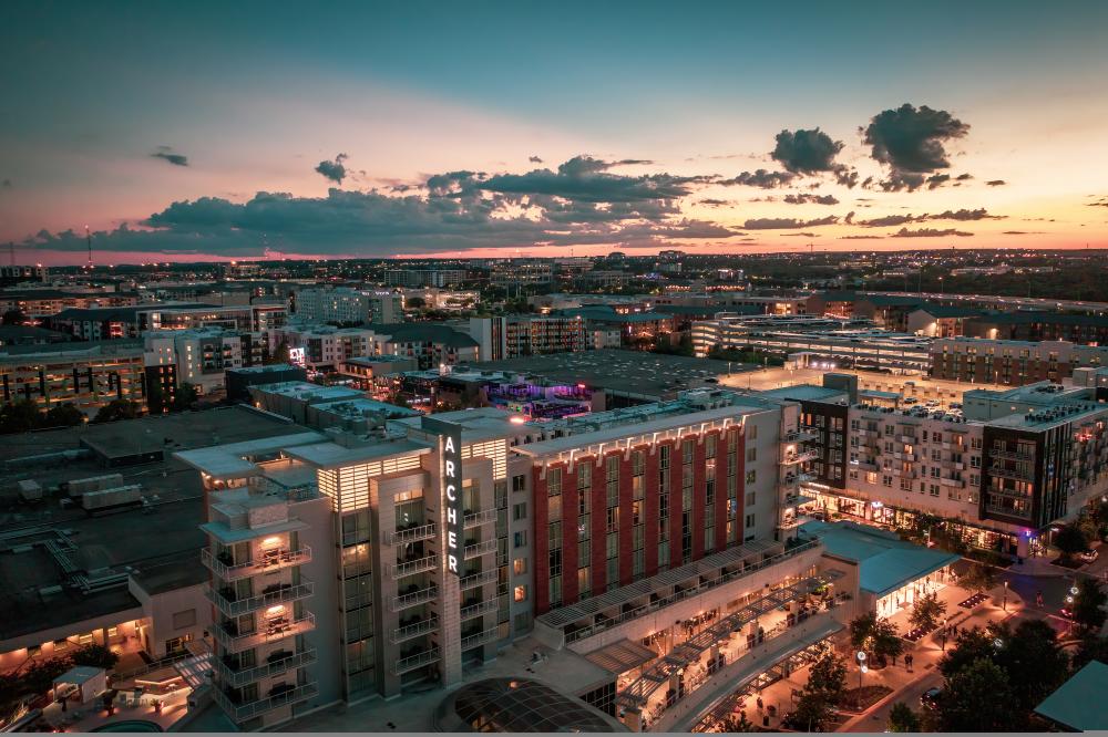 Birds-eye view of the Domain NORTHSIDE during sunset.