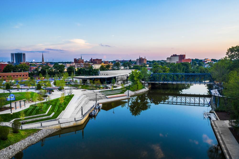 View above the St. Marys River and Promenade Park at dusk