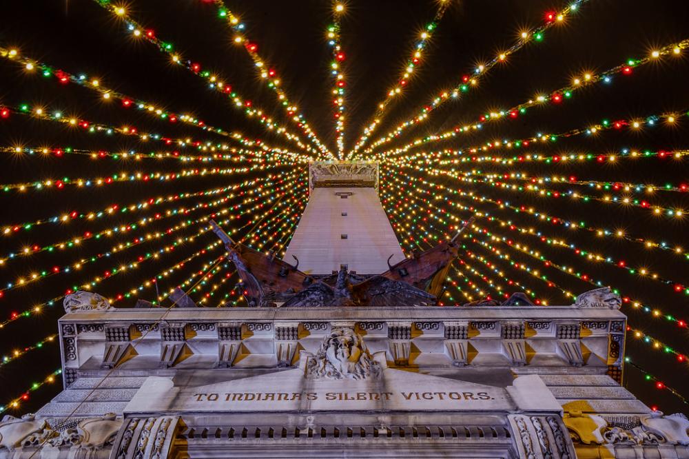 Soldiers and Sailors Monument decorated as a big Christmas tree for Circle of Lights holiday display