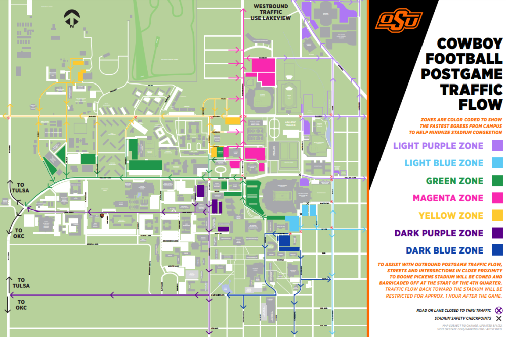 A map with Cowboy Football post-game traffic flow around Stillwater