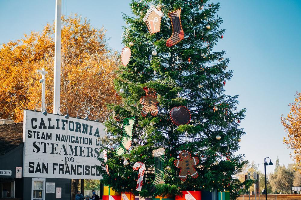 decorated tall christmas tree in old sacramento