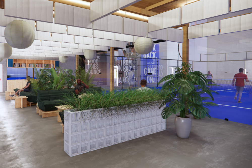 A rendering of the padel courts at Lobb's Padel features several men and a woman on the courts while two men lounge in the lobby.